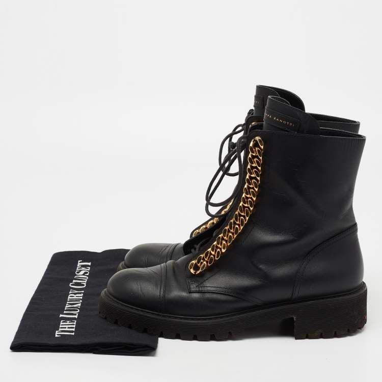 Pre Owned Giuseppe Zanotti Black Leather Chain Link Combat Boots Size 39