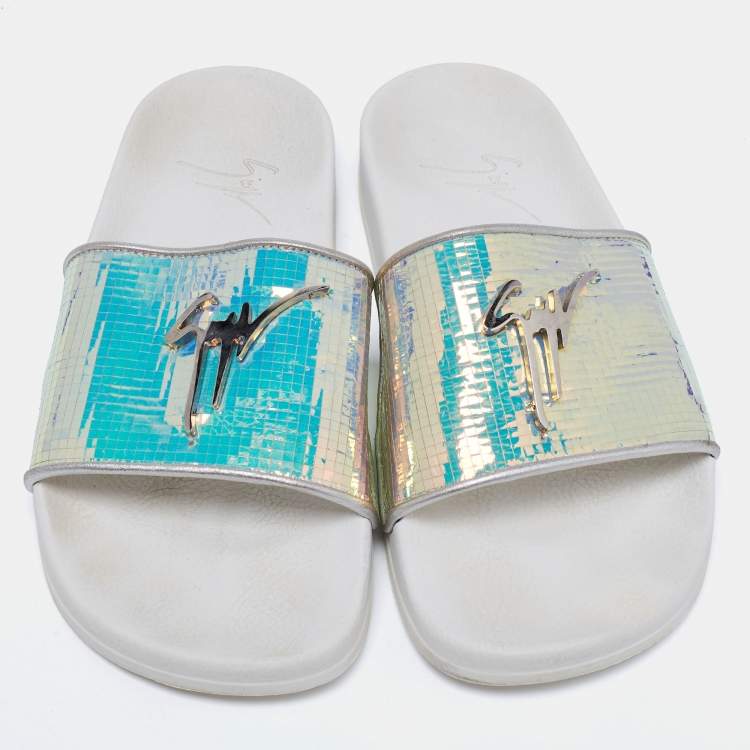 Pre Owned Giuseppe Zanotti White Holographic Brett Slide Sandals Size 39