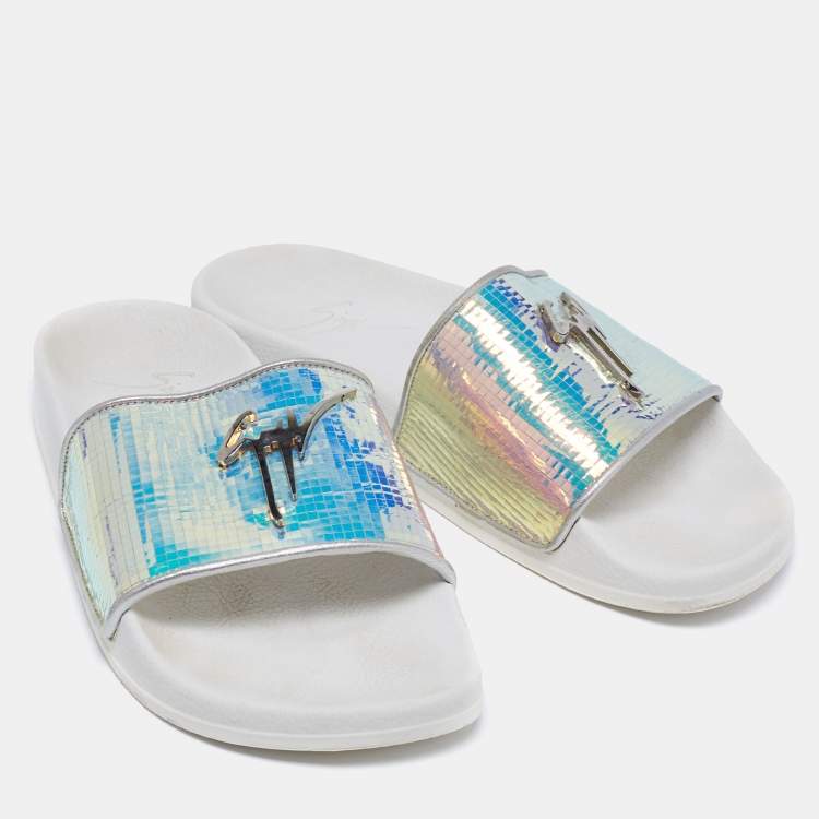 Pre Owned Giuseppe Zanotti White Holographic Brett Slide Sandals Size 39