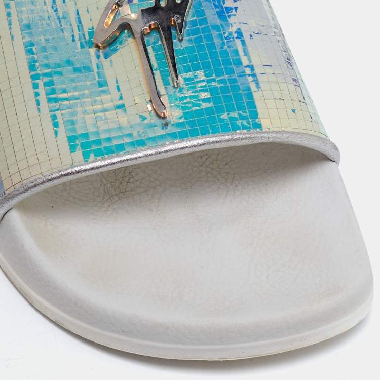 Pre Owned Giuseppe Zanotti White Holographic Brett Slide Sandals Size 39