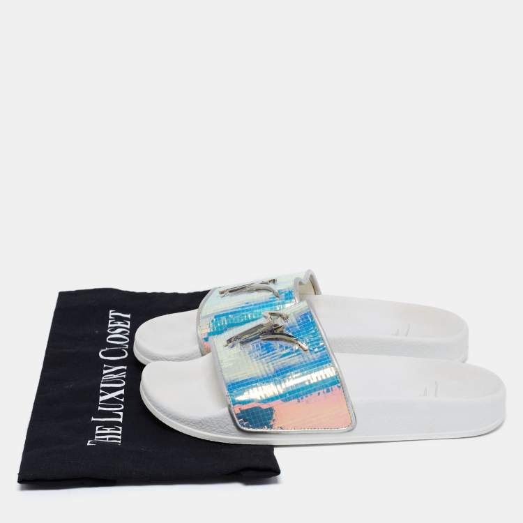Pre Owned Giuseppe Zanotti White Holographic Brett Slide Sandals Size 39
