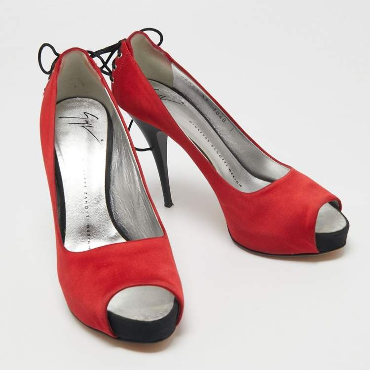 Pre Owned Giuseppe Zanotti Red Satin Peep Toe Platform Pumps Size 37
