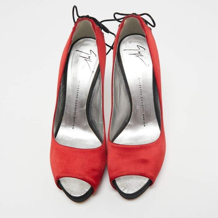 Pre Owned Giuseppe Zanotti Red Satin Peep Toe Platform Pumps Size 37