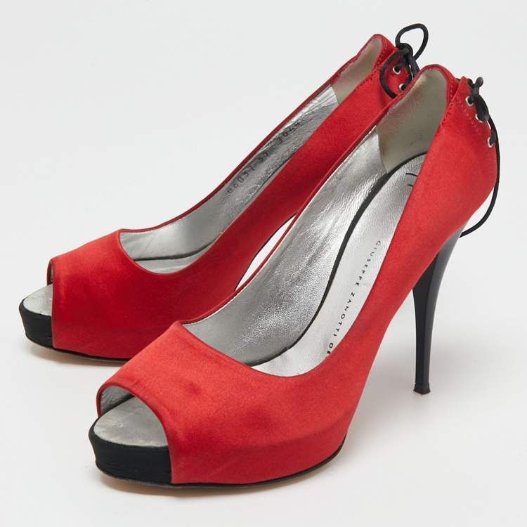 Pre Owned Giuseppe Zanotti Red Satin Peep Toe Platform Pumps Size 37
