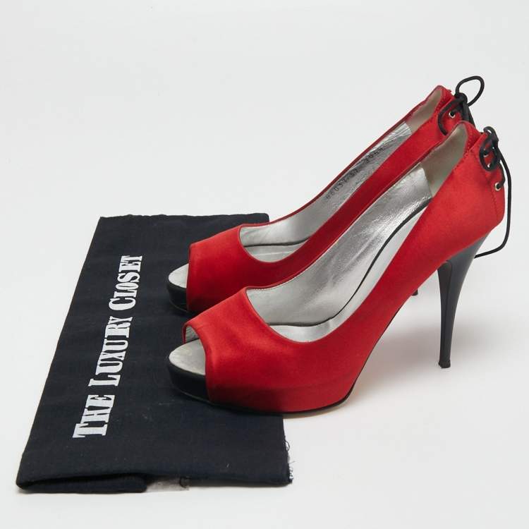 Pre Owned Giuseppe Zanotti Red Satin Peep Toe Platform Pumps Size 37