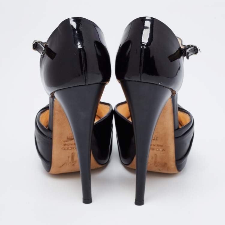 Pre Owned Giuseppe Zanotti Black Patent And Leather Platform Ankle Strap Pumps Size 37.5