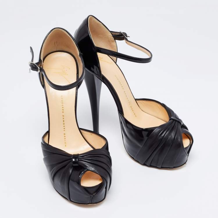 Pre Owned Giuseppe Zanotti Black Patent And Leather Platform Ankle Strap Pumps Size 37.5