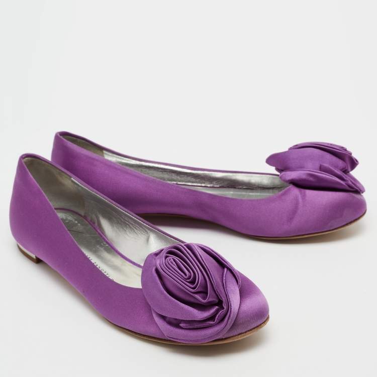Pre Owned Giuseppe Zanotti Purple Satin Flower Applique Ballet Flats Size 37.5