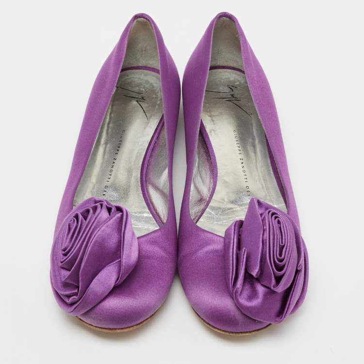 Pre Owned Giuseppe Zanotti Purple Satin Flower Applique Ballet Flats Size 37.5