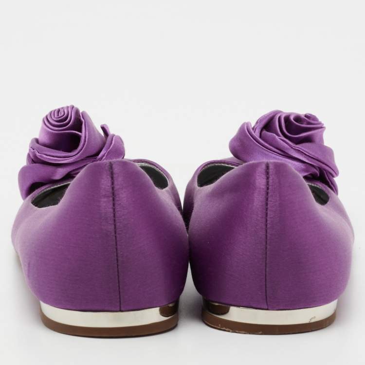 Pre Owned Giuseppe Zanotti Purple Satin Flower Applique Ballet Flats Size 37.5