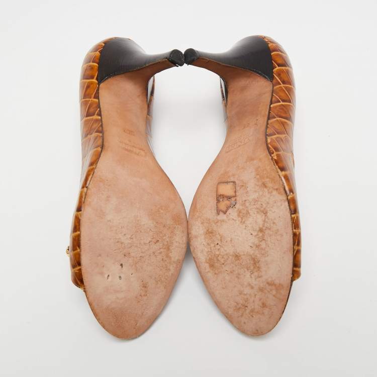 Pre Owned Giuseppe Zanotti Brown Croc Embossed Leather Embellished Open-Toe Pumps Size 39.5