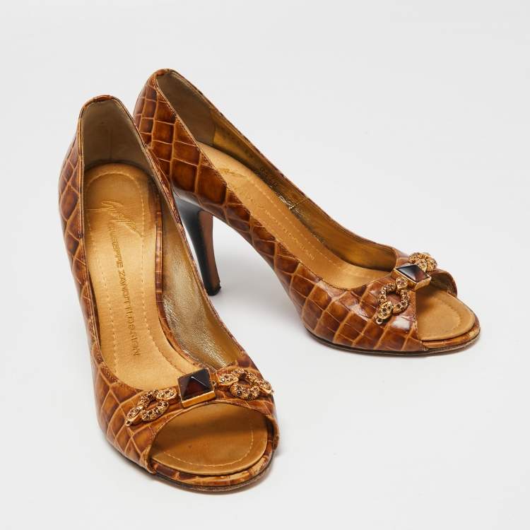 Pre Owned Giuseppe Zanotti Brown Croc Embossed Leather Embellished Open-Toe Pumps Size 39.5