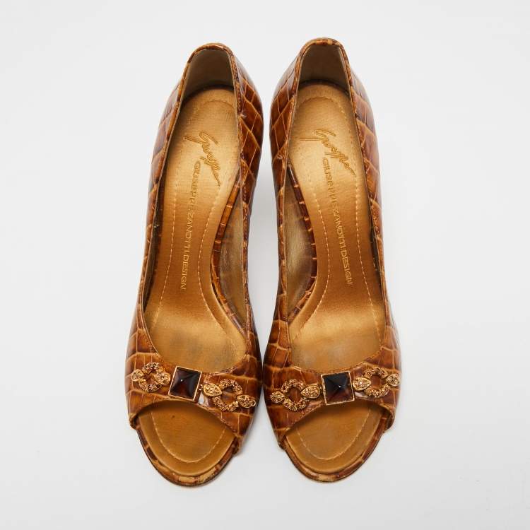 Pre Owned Giuseppe Zanotti Brown Croc Embossed Leather Embellished Open-Toe Pumps Size 39.5