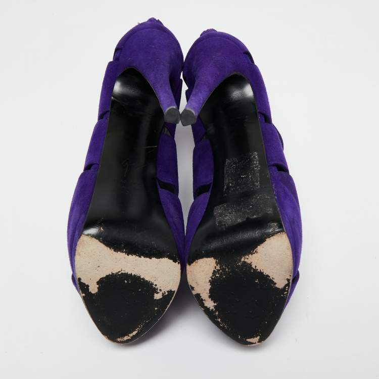 Pre Owned Giuseppe Zanotti Purple Suede Wave Cut Out Peep Toe Platform Booties Size 38