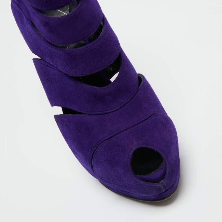 Pre Owned Giuseppe Zanotti Purple Suede Wave Cut Out Peep Toe Platform Booties Size 38