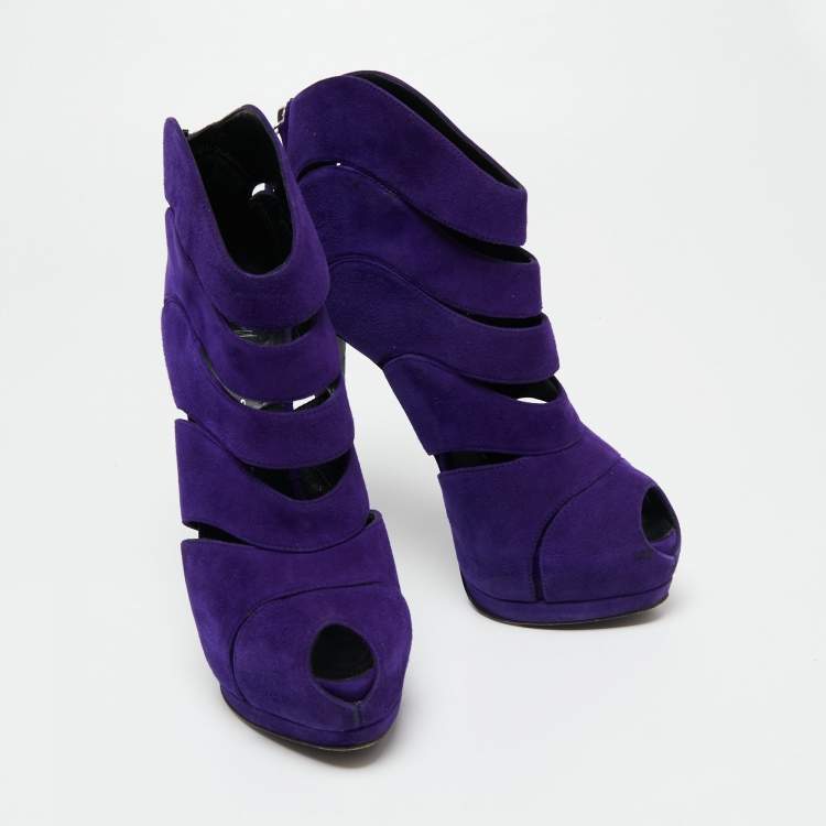Pre Owned Giuseppe Zanotti Purple Suede Wave Cut Out Peep Toe Platform Booties Size 38