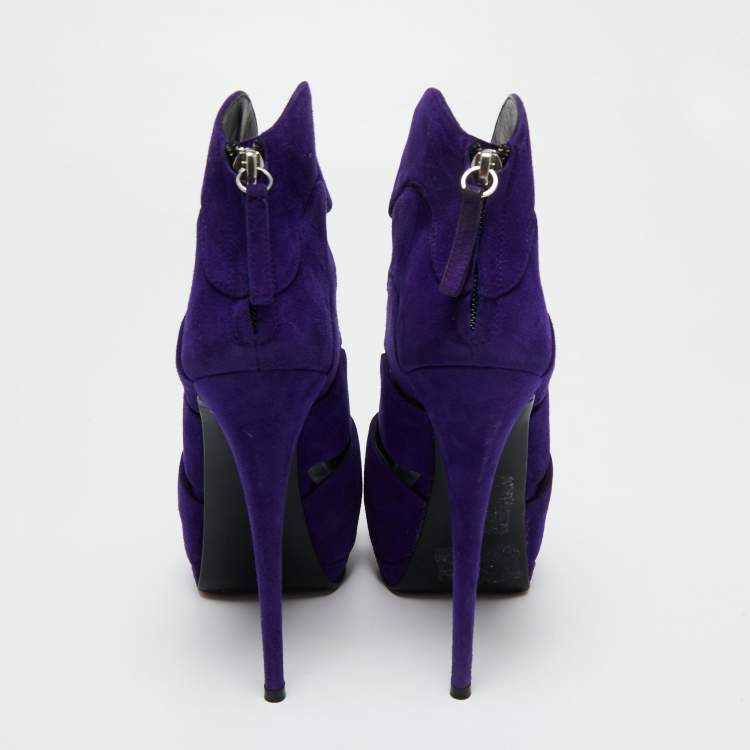 Pre Owned Giuseppe Zanotti Purple Suede Wave Cut Out Peep Toe Platform Booties Size 38