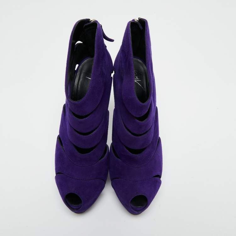Pre Owned Giuseppe Zanotti Purple Suede Wave Cut Out Peep Toe Platform Booties Size 38