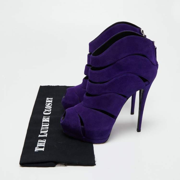 Pre Owned Giuseppe Zanotti Purple Suede Wave Cut Out Peep Toe Platform Booties Size 38
