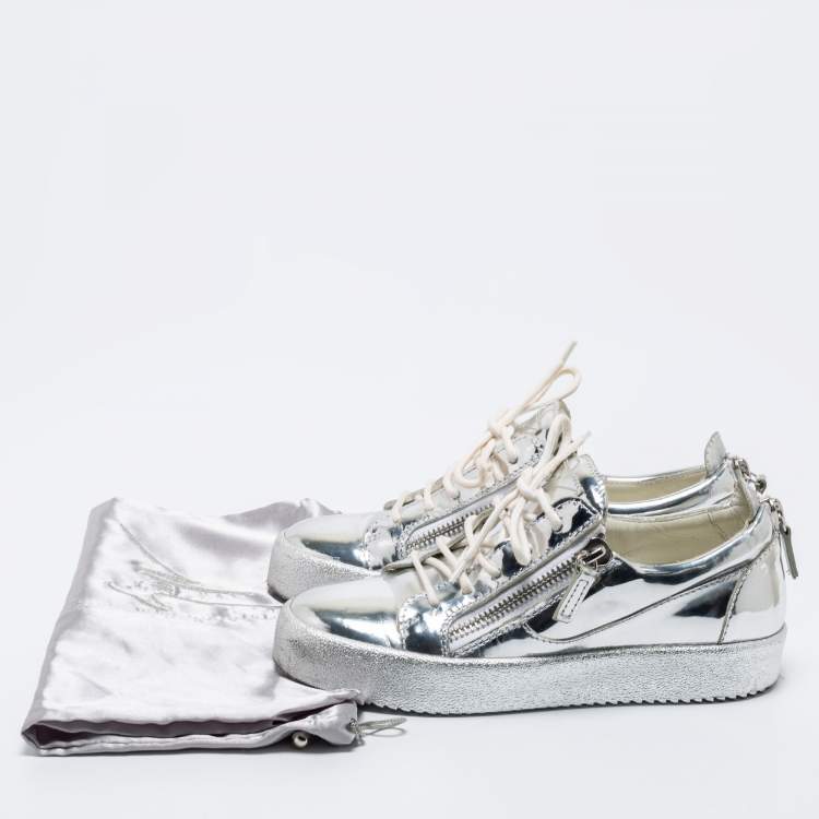 Pre Owned Giuseppe Zanotti Silver Patent Leather Frankie Low-Top Sneakers Size 37.5