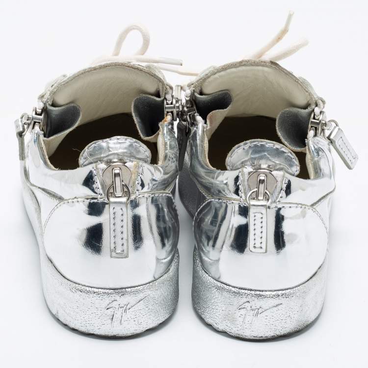 Pre Owned Giuseppe Zanotti Silver Patent Leather Frankie Low-Top Sneakers Size 37.5
