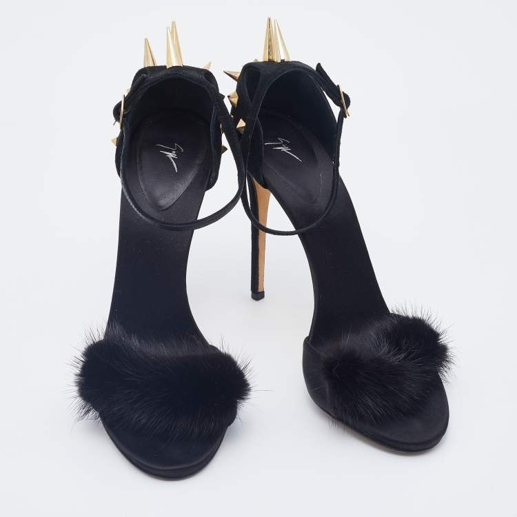 Pre Owned Giuseppe Zanotti Black Suede and Fur Spiked Ankle Strap Sandals Size 41