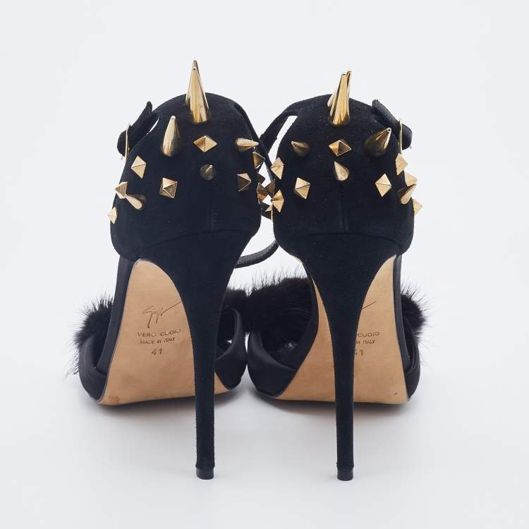 Pre Owned Giuseppe Zanotti Black Suede and Fur Spiked Ankle Strap Sandals Size 41