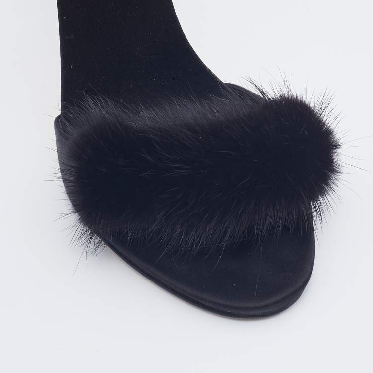 Pre Owned Giuseppe Zanotti Black Suede and Fur Spiked Ankle Strap Sandals Size 41