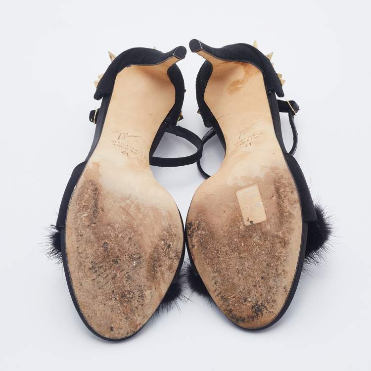 Pre Owned Giuseppe Zanotti Black Suede and Fur Spiked Ankle Strap Sandals Size 41
