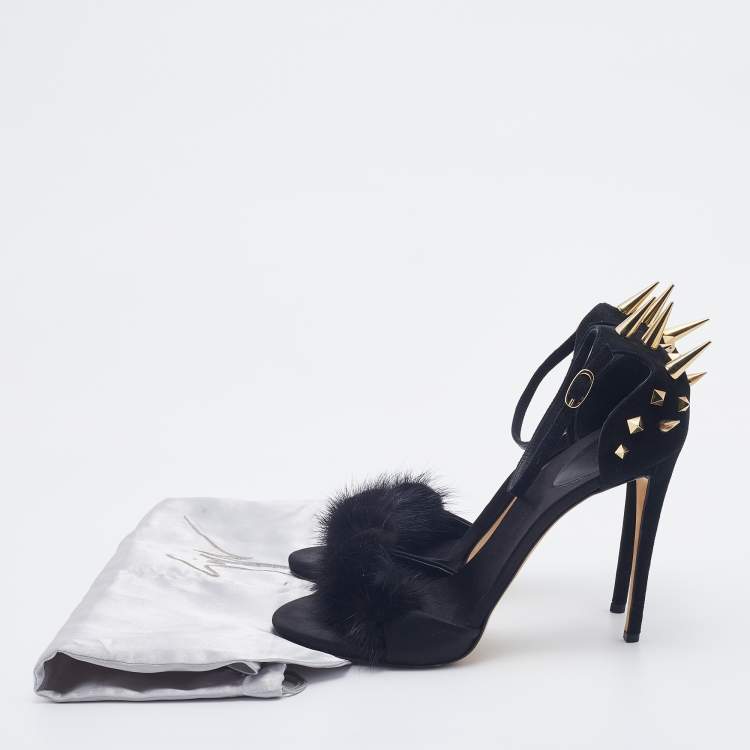 Pre Owned Giuseppe Zanotti Black Suede and Fur Spiked Ankle Strap Sandals Size 41