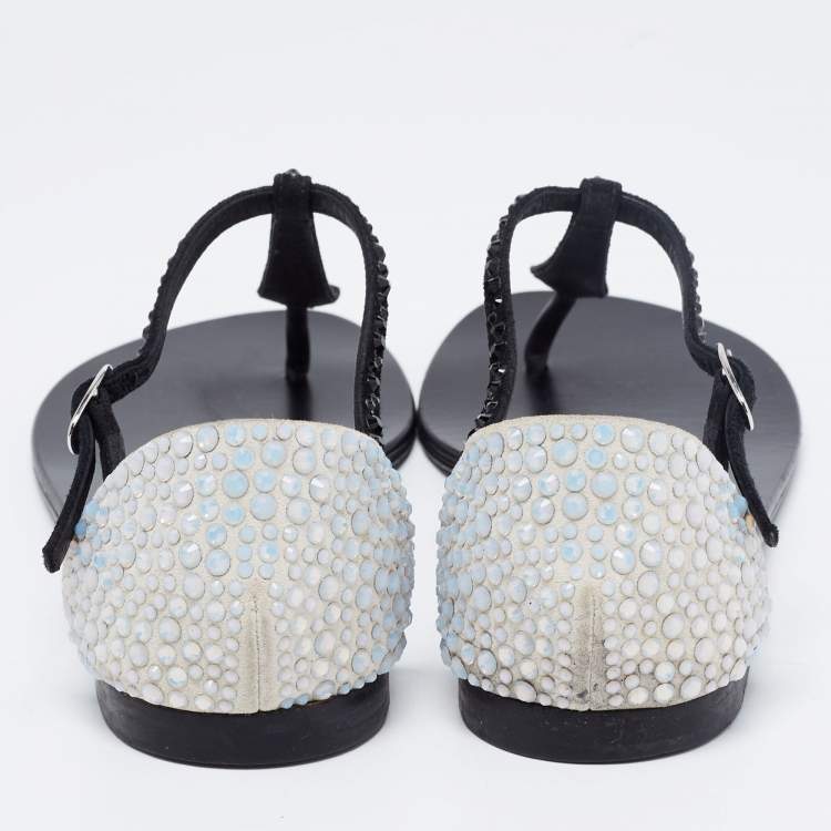 Pre Owned Giuseppe Zanotti Black/Off-White Suede Crystal Embellished T-Strap Flat Sandals Size 36