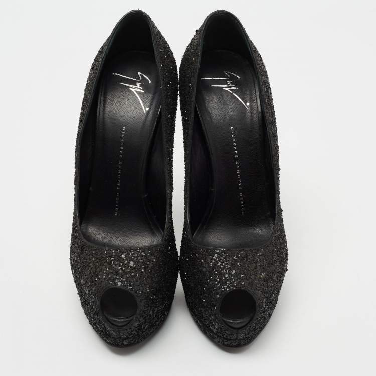 Pre Owned Giuseppe Zanotti Black Coarse Glitter Sharon Peep-Toe Platform Pumps Size 39
