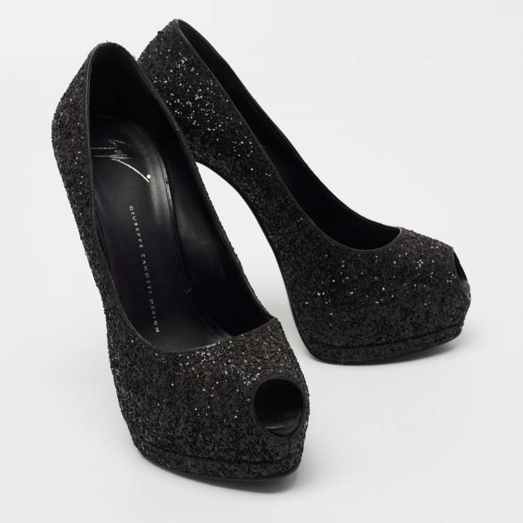 Pre Owned Giuseppe Zanotti Black Coarse Glitter Sharon Peep-Toe Platform Pumps Size 39