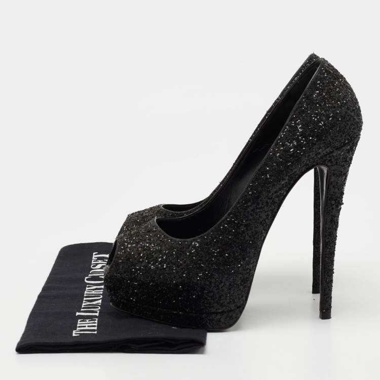 Pre Owned Giuseppe Zanotti Black Coarse Glitter Sharon Peep-Toe Platform Pumps Size 39
