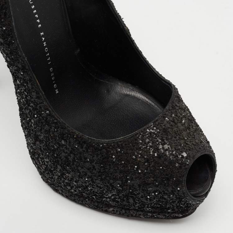 Pre Owned Giuseppe Zanotti Black Coarse Glitter Sharon Peep-Toe Platform Pumps Size 39