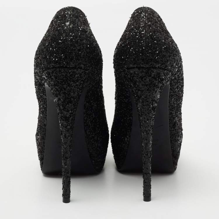 Pre Owned Giuseppe Zanotti Black Coarse Glitter Sharon Peep-Toe Platform Pumps Size 39