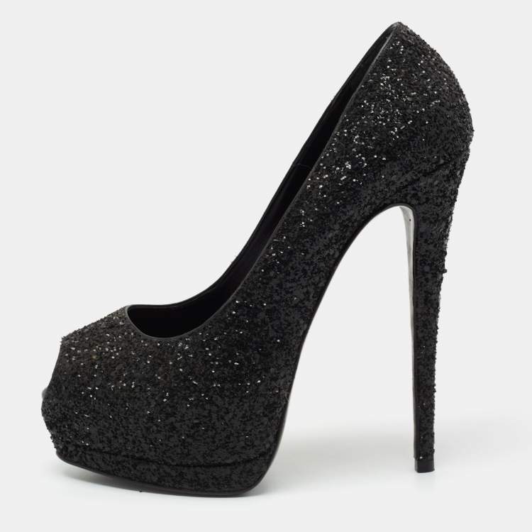 Pre Owned Giuseppe Zanotti Black Coarse Glitter Sharon Peep-Toe Platform Pumps Size 39