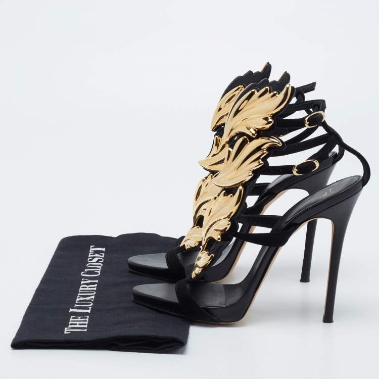Pre Owned Giuseppe Zanotti Black Leather And Suede Argent Metal Wing Embellished Strappy Sandals Size 37.5