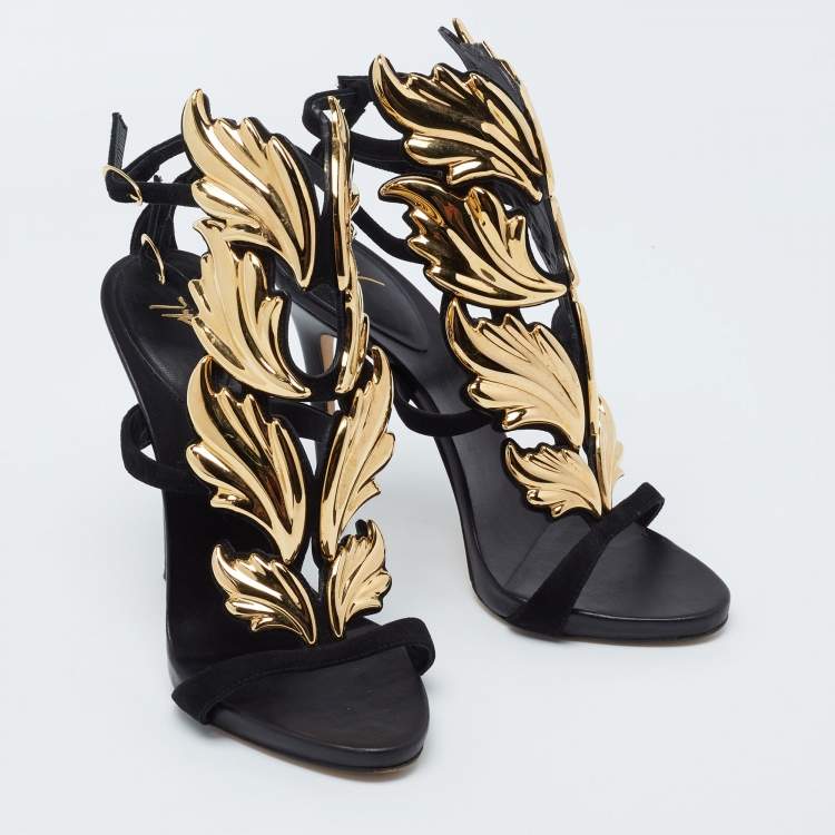 Pre Owned Giuseppe Zanotti Black Leather And Suede Argent Metal Wing Embellished Strappy Sandals Size 37.5