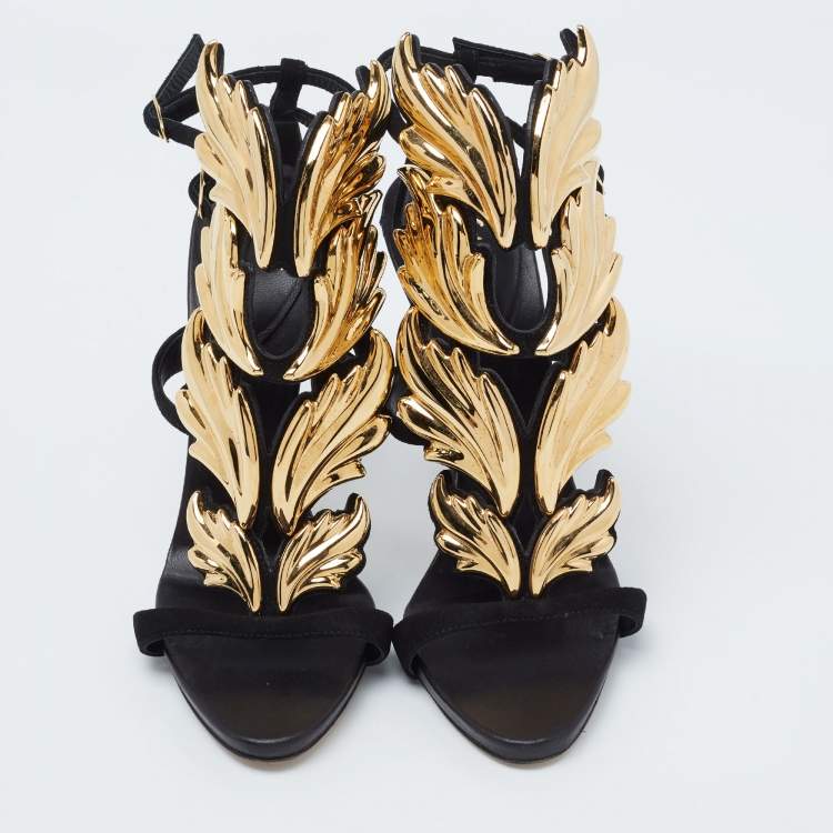 Pre Owned Giuseppe Zanotti Black Leather And Suede Argent Metal Wing Embellished Strappy Sandals Size 37.5