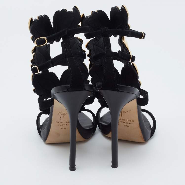 Pre Owned Giuseppe Zanotti Black Leather And Suede Argent Metal Wing Embellished Strappy Sandals Size 37.5