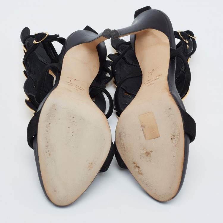 Pre Owned Giuseppe Zanotti Black Leather And Suede Argent Metal Wing Embellished Strappy Sandals Size 37.5