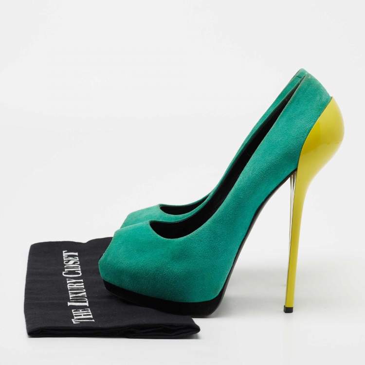 Pre Owned Giuseppe Zanotti Tricolor Suede Nana Peep-Toe Platform Pumps Size 40