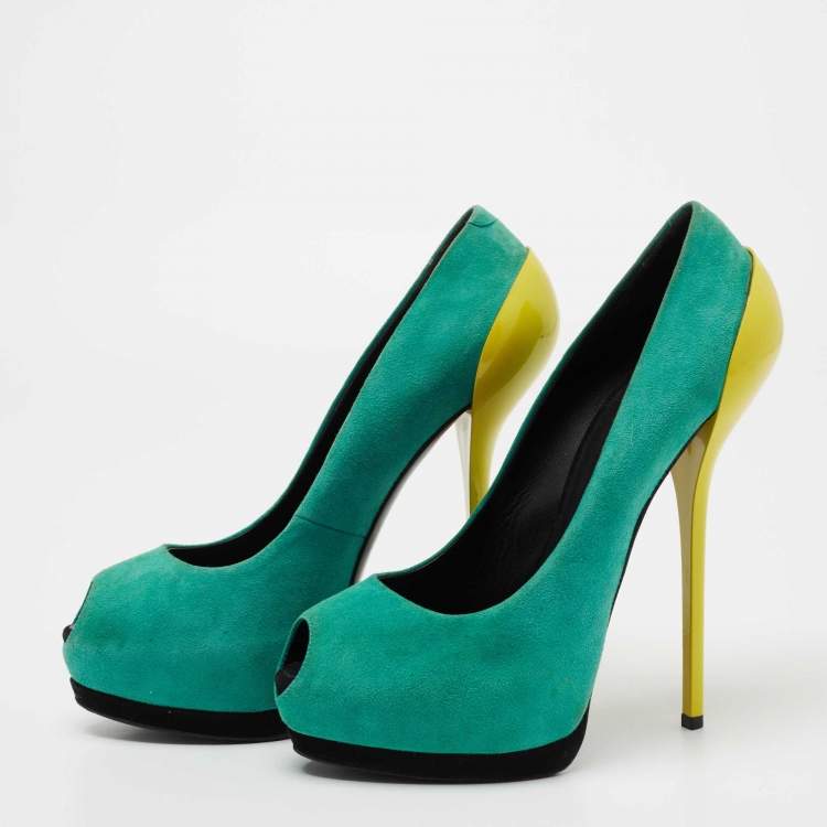 Pre Owned Giuseppe Zanotti Tricolor Suede Nana Peep-Toe Platform Pumps Size 40