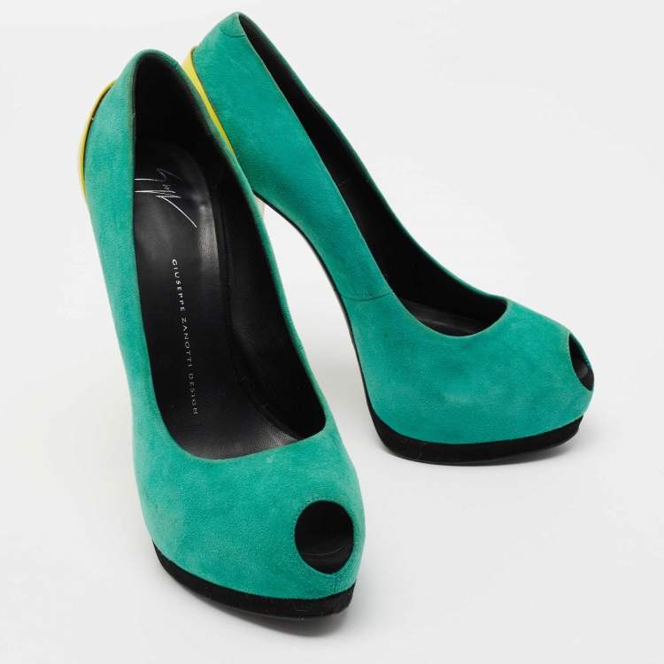 Pre Owned Giuseppe Zanotti Tricolor Suede Nana Peep-Toe Platform Pumps Size 40