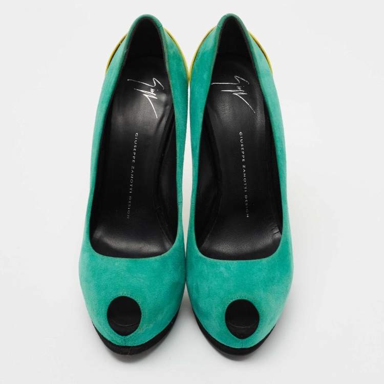 Pre Owned Giuseppe Zanotti Tricolor Suede Nana Peep-Toe Platform Pumps Size 40