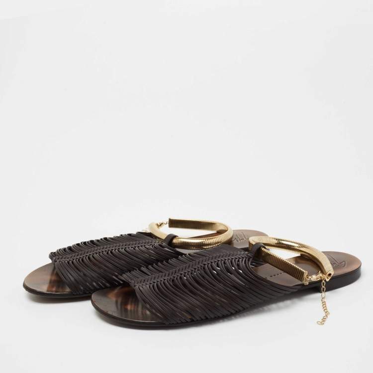Pre Owned Giuseppe Zanotti Dark Brown Leather Ankle Cuff Flats Size 37