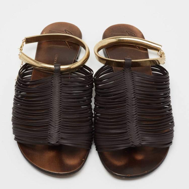 Pre Owned Giuseppe Zanotti Dark Brown Leather Ankle Cuff Flats Size 37