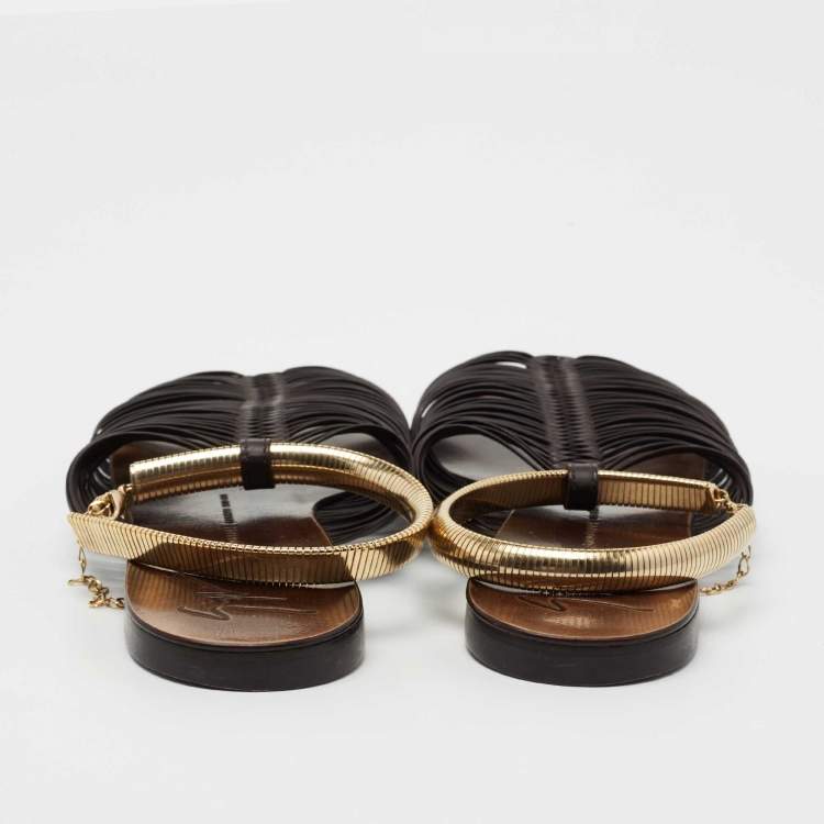Pre Owned Giuseppe Zanotti Dark Brown Leather Ankle Cuff Flats Size 37