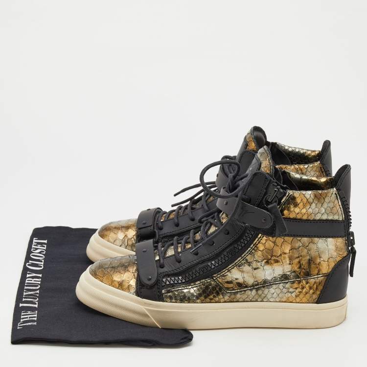 Pre Owned Giuseppe Zanotti Black/Gold Python Embossed Leather Double Zip High Top Sneakers Size 38.5